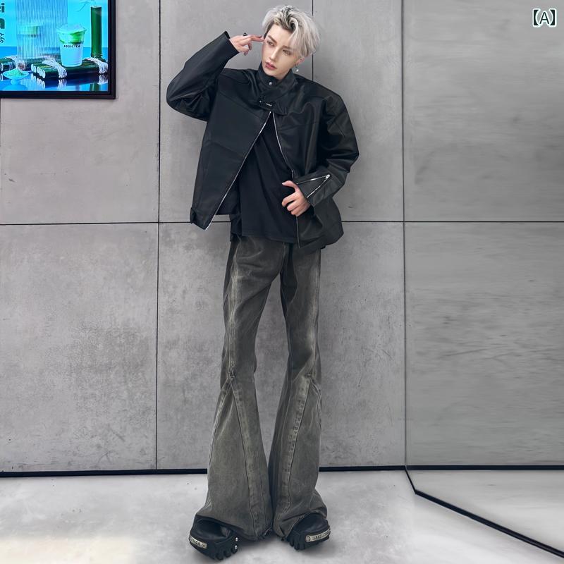 樂天商城 - メンズ ファッション 春夏 秋冬 かっこいい オシャレ モテ 男性用 紳士服 服 韓国 シンプル 大人 ブラック＆ グレー フレアジーンズ ウォッシュ 加工 アメリカン ストリートパンツ エクステンデッド トール ヴィンテージ