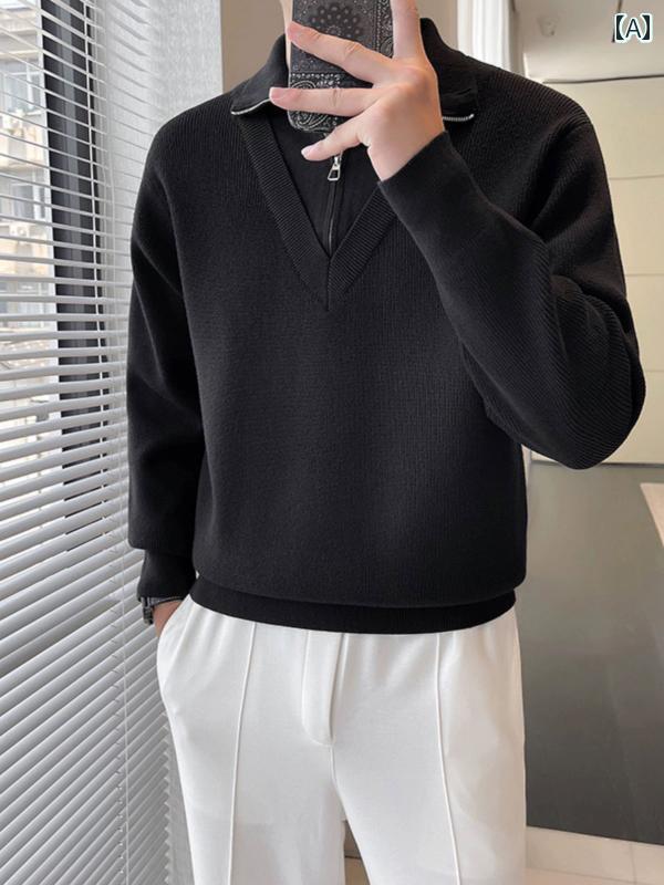 メンズ ファッション 春夏 秋冬 かっこいい オシャレ モテ 男性用 紳士服 服 韓国 シンプル 大人 ハーフ ジッパー フェイク ツーピース セーター 長袖 カジュアル レイヤリング セーター