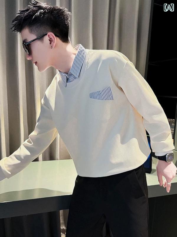 メンズ ファッション 春夏 秋冬 かっこいい オシャレ モテ 男性用 紳士服 服 韓国 シンプル 大人 スウェットシャツ カジュアル ネット フェイク ツーピース 長袖 レイヤリング シャツ