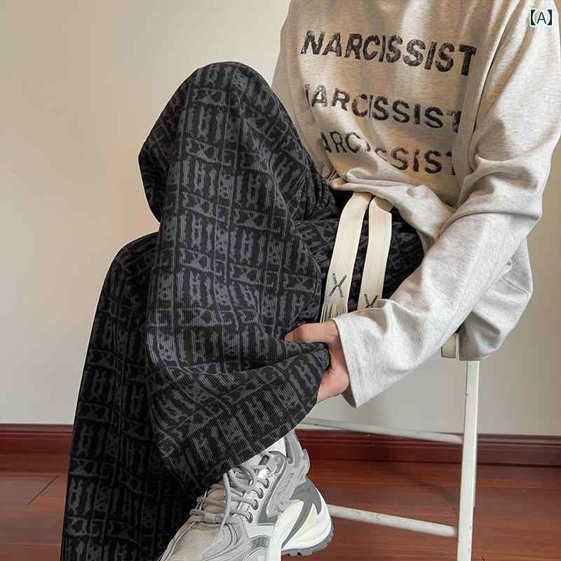 メンズ ファッション 春夏 秋冬 かっこいい オシャレ モテ 男性用 紳士服 服 韓国 シンプル 大人 アメリカン コーデュロイ チェック柄 スウェットパンツ ヘビー ドレープ ワイド レッグ スポーツ パンツ ストレート カジュアル パンツ(4.0)