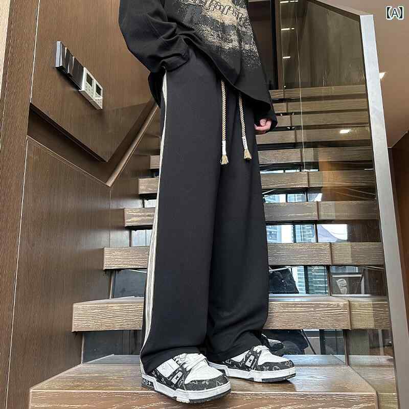 Rakuten - メンズ ファッション 春夏 秋冬 かっこいい オシャレ モテ 男性用 紳士服 服 韓国 シンプル 大人 ヘビーウェイト ドレープ ストライプ スウェットパンツ スポーツ カジュアル パンツ ストレート パンツ