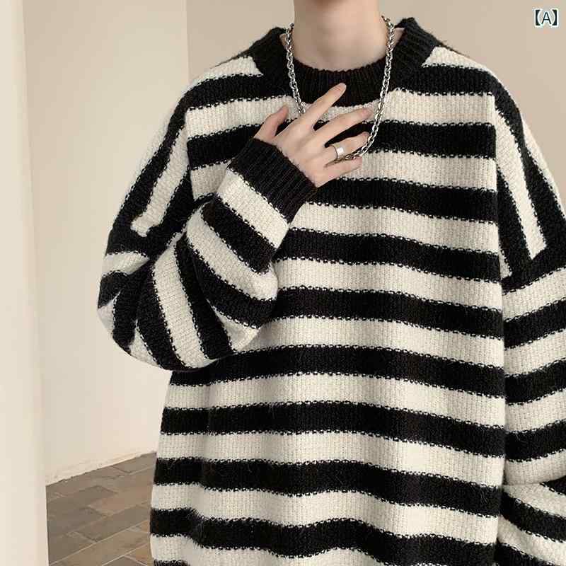 樂天商城 - メンズ ファッション 春夏 秋冬 かっこいい オシャレ モテ 男性用 紳士服 服 韓国 シンプル 大人 黒 白 ストライプセーター 厚手 セーター ジャケット レトロ ラウンドネック セーター