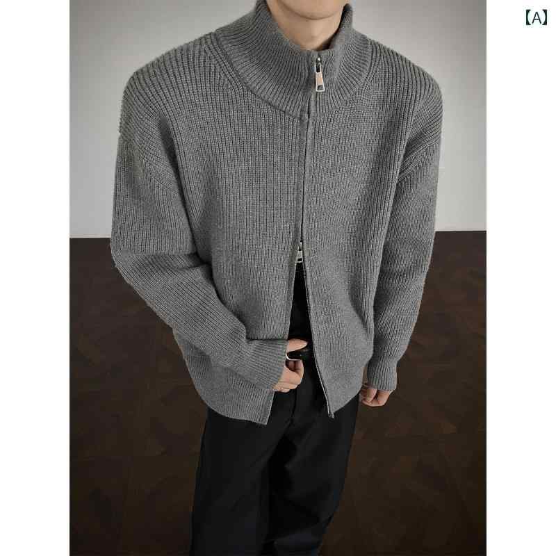 Rakuten - メンズ ファッション 春夏 秋冬 かっこいい オシャレ モテ 男性用 紳士服 服 韓国 シンプル 大人 ヘビーウェイト スタンドカラー ダブル ジッパー カーディガン セーター アメリカン ニット セーター ジャケット トップス