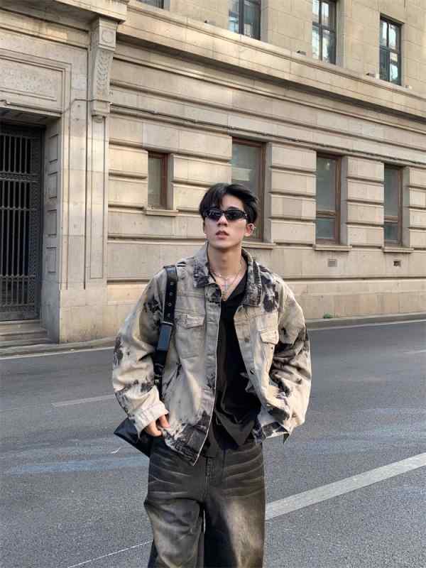 樂天商城 - メンズ ファッション 春夏 秋冬 かっこいい オシャレ モテ 男性用 紳士服 服 韓国 シンプル 大人 アメリカン レトロ タイダイ柄 デニムジャケット クール カジュアル ワークウェア ジャケット