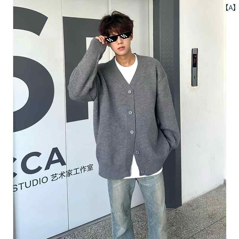 Rakuten - メンズ ファッション 春夏 秋冬 かっこいい オシャレ モテ 男性用 紳士服 服 韓国 シンプル 大人 グレー ニットカーディガン ジャケット アメリカン レトロ Vネック セーター ハイエンド トップ