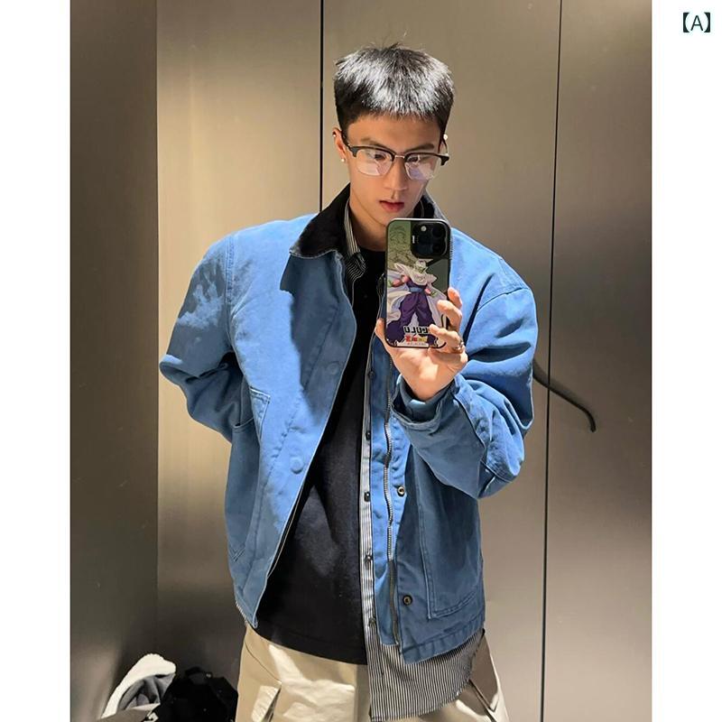 Other - メンズ ファッション 春夏 秋冬 かっこいい オシャレ モテ 男性用 紳士服 服 韓国 シンプル 大人 ネイビーブルー デトロイト ワークジャケット ベースボール ジャケット クリーン フィット スプライシング ハリントン ジャケット