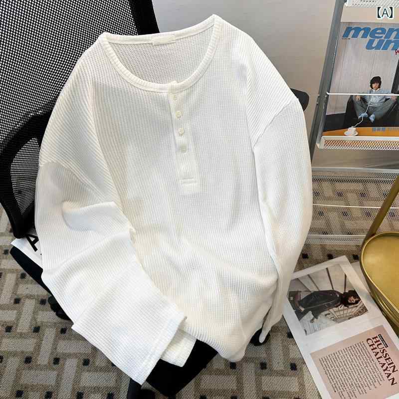 乐天商城 - メンズ ファッション 春夏 秋冬 かっこいい オシャレ モテ 男性用 紳士服 服 韓国 シンプル 大人 高級 ワッフル ヘンリー カラー 縦縞 長袖 T シャツ カジュアル 無地 T シャツ