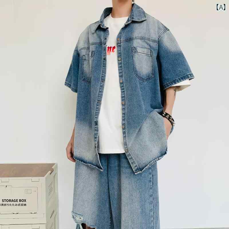 メンズ ファッション 春夏 秋冬 かっこいい オシャレ モテ 男性用 紳士服 服 韓国 シンプル 大人 アメリカン レトロ ウォッシュ 加工 ダメージ ジーンズ 男子半袖 シャツ ツーピース スーツ ykc8-10156816 YKC8 パッケージ画像