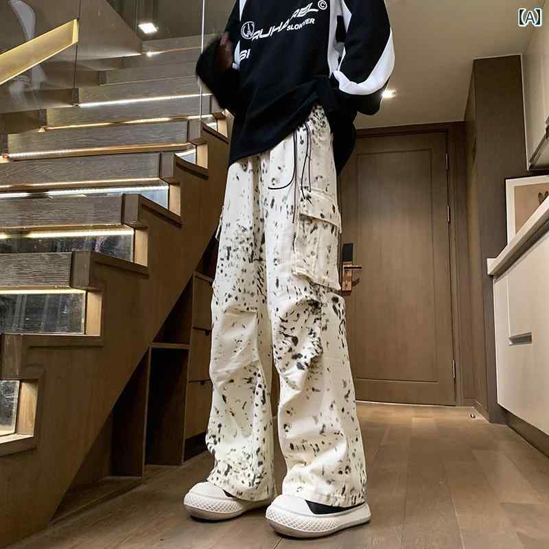 メンズ ファッション 春夏 秋冬 かっこいい オシャレ モテ 男性用 紳士服 服 韓国 シンプル 大人 インク グラフィティ ヒョウ柄 パンツ ニュートラル 大きい ポケットオーバー オール アメリカン ストリート モ ッピング ジーンズ
