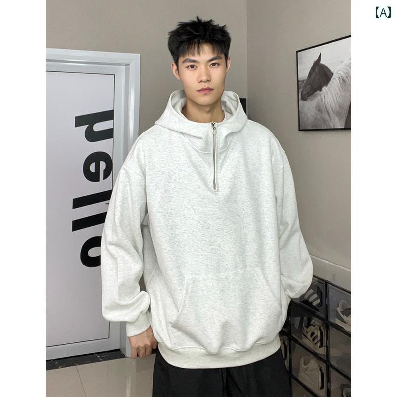 メンズ ファッション 春夏 秋冬 かっこいい オシャレ モテ 男性用 紳士服 服 韓国 シンプル 大人 ホワイトフラワー グレー ハーフ ジッパー スウェットシャツ アメリカン レトロ ヘビー スウェットパーカー着ジャケット