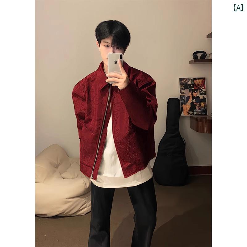 メンズ ファッション 春夏 秋冬 かっこいい オシャレ モテ 男性用 紳士服 服 韓国 シンプル 大人 バーガンディ ショルダー ショート ジャケット プリーツ ハイエンド クリーン フィット トップ アメリカン ボンバー ジャケット