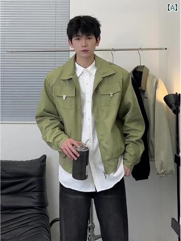 Rakuten - メンズ ファッション 春夏 秋冬 かっこいい オシャレ モテ 男性用 紳士服 服 韓国 シンプル 大人 グリーン ショート ショルダー ジャケット クリーン フィット ハイエンド ワークウェア ジャケット