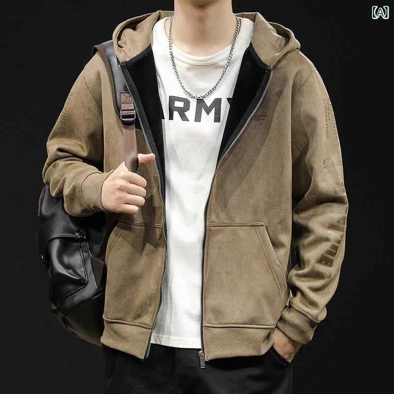 Rakuten - メンズ ファッション 春夏 秋冬 かっこいい オシャレ モテ 男性用 紳士服 服 韓国 シンプル 大人 スエード ジッパー カーディガン スウェットシャツ メンズ フード付き メンズ 秋 ゆったり 大きいサイズメンズ 春秋 スポーツ ジャケット