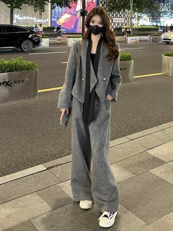 Rakuten - レディース ファッション おしゃれ 春夏 秋　冬 大人 上品 高級 マダム ミス ミセス プレゼント 婦人服　母 高級ファッション　スーツ　Vネック　ウール　コート　カジュアル　ストレート　ワイド　レッグ　パンツ　セット