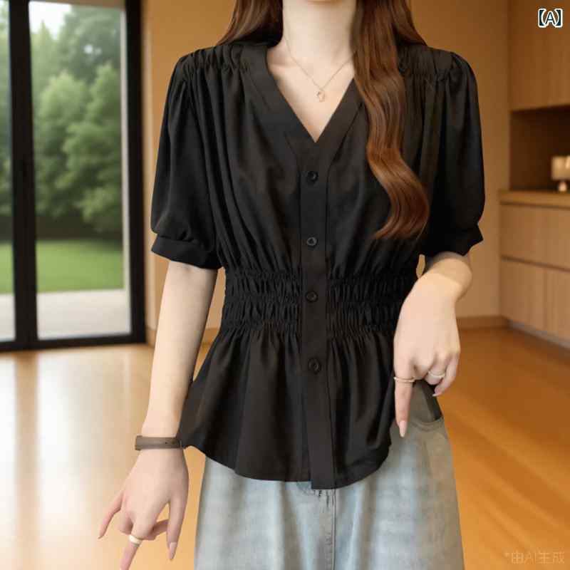 Rakuten - レディース ファッション おしゃれ 春夏 秋　冬 大人 上品 高級 マダム ミス ミセス プレゼント 婦人服　母 レース　Vネック　半袖　シャツ　ワイド　　ワイド　　ウエスト　カバー　腹　ベビー　美しく　トップス