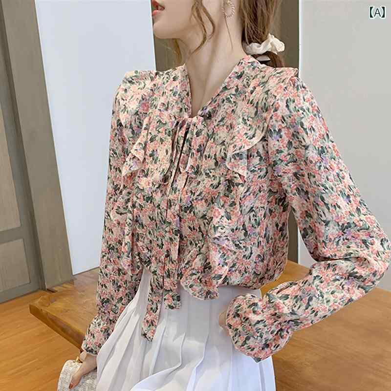 レディース ファッション おしゃれ 春夏 秋　冬 大人 上品 高級 マダム ミス ミセス プレゼント 婦人服　母 花柄　シフォンシャツ　スリムトップス　長袖　お腹　カバー　T　シャツ　スモール　蝶結び　レイヤー