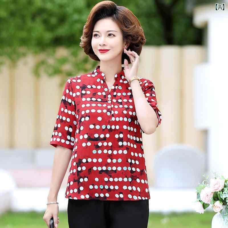 レディース ファッション おしゃれ 春夏 秋　冬 大人 上品 高級 マダム ミス ミセス プレゼント 婦人服　母 母　半袖　Vネック　シフォンシャツ　スモール　シャツ　トップス　服　プリント　T　スーツ