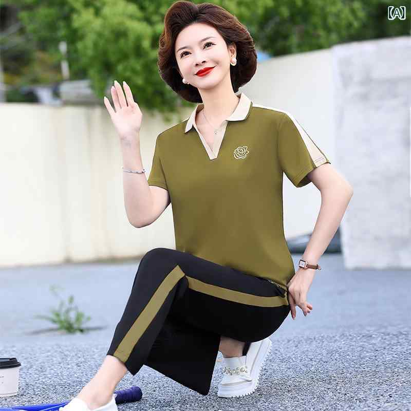 レディース ファッション おしゃれ 春夏 秋　冬 大人 上品 高級 マダム ミス ミセス プレゼント 婦人服　母 母　半袖　カジュアル　スポーツウェア　スーツ　Vネック　T　シャツ　トップス　セット　薄手