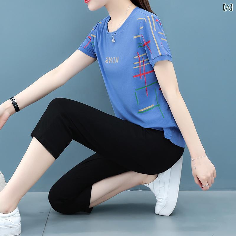 レディース ファッション おしゃれ 春夏 秋　冬 大人 上品 高級 マダム ミス ミセス プレゼント 婦人服　母 のお母さんの 半袖 クロップドパンツ 綿 T シャツ トップス カジュアル スポーツウェア 夏 ツーピース スーツ