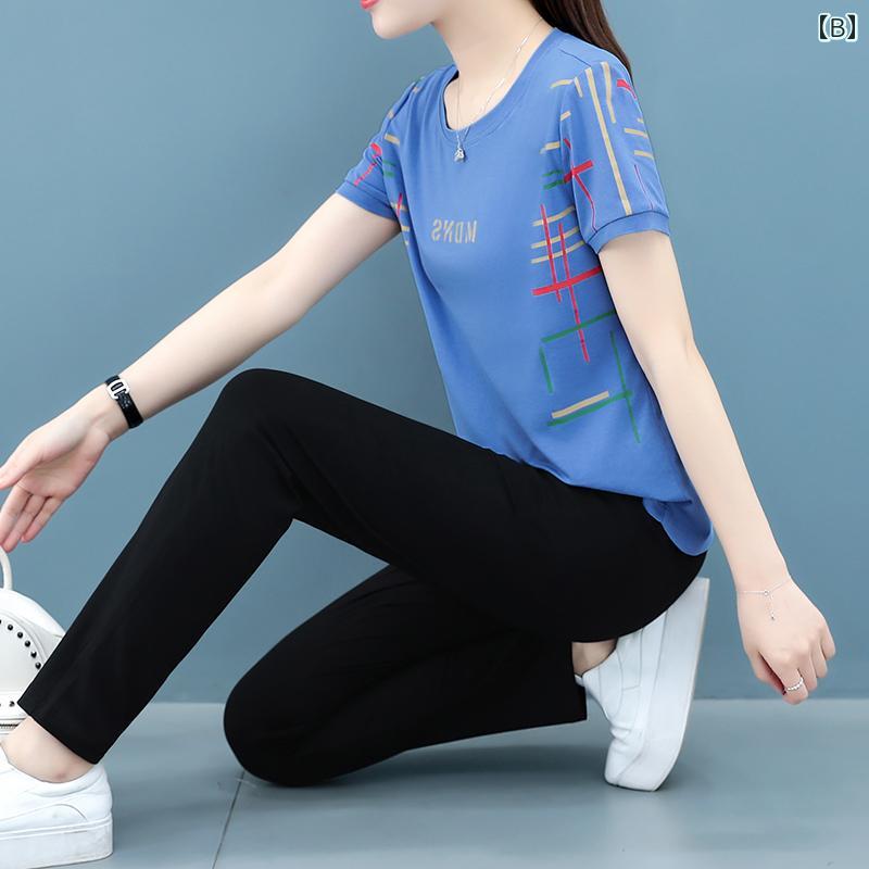 レディース ファッション おしゃれ 春夏 秋　冬 大人 上品 高級 マダム ミス ミセス プレゼント 婦人服　母 のお母さんの 半袖 クロップドパンツ 綿 T シャツ トップス カジュアル スポーツウェア 夏 ツーピース スーツ