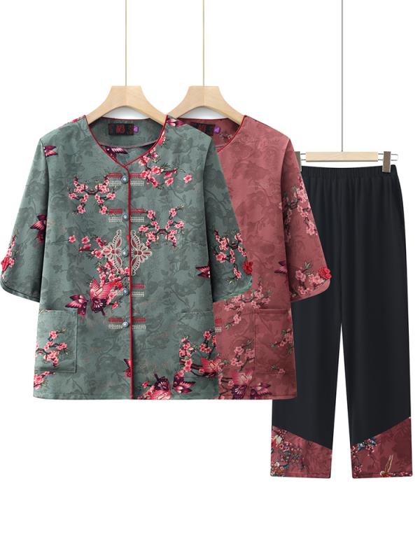 Rakuten - レディース ファッション おしゃれ 春夏 秋冬 大人 上品 高級 マダム ミス ミセス プレゼント 婦人服 母 高齢者 カーディガン 半袖 セット 七分袖 花柄 レトロ パンツ ズボン セット