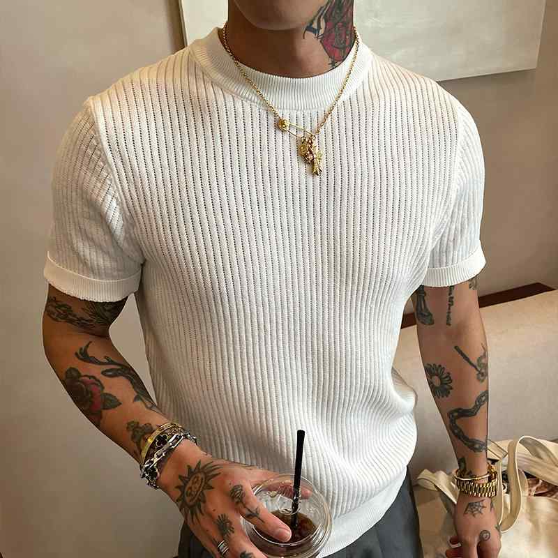 メンズ ファッション 春夏 秋冬 かっこいい オシャレ モテ 男性用 紳士服 服 韓国 シンプル 大人 ストライプ ストレート ショルダー 半袖 T シャツ スリムナー レイヤー