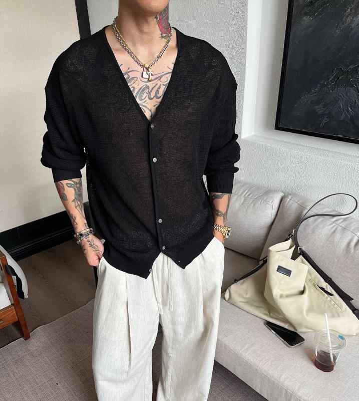 メンズ ファッション 春夏 秋冬 かっこいい オシャレ モテ 男性用 紳士服 服 韓国 シンプル 大人 リネン ニットカーディガン 薄手 V ネック ジャケット