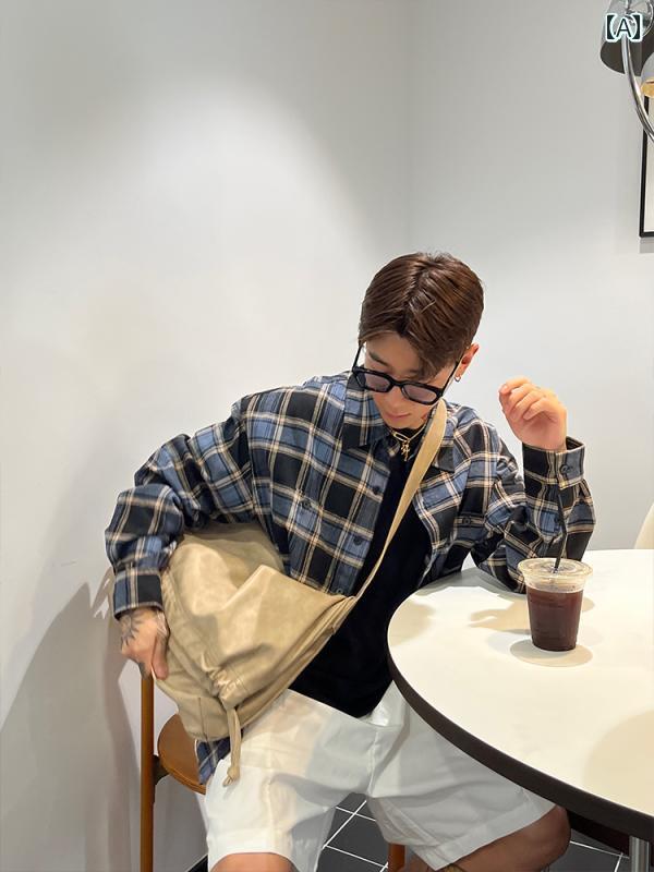 メンズ ファッション 春夏 秋冬 かっこいい オシャレ モテ 男性用 紳士服 服 韓国 シンプル 大人 プラーク　オールド　ダーティー　プレイド　パッチポケット　ロングスリーブシャツ　アウト　ラシャツ(4.0)