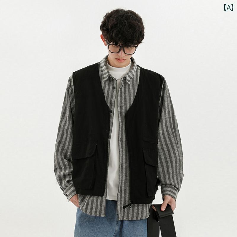 Rakuten - メンズ ファッション 春夏 秋冬 かっこいい オシャレ モテ 男性用 紳士服 服 韓国 シンプル 大人 和風　コットン　ストライプ　長袖　シャツ　フェイク　ツーピース　ワークウェア　ジャケット