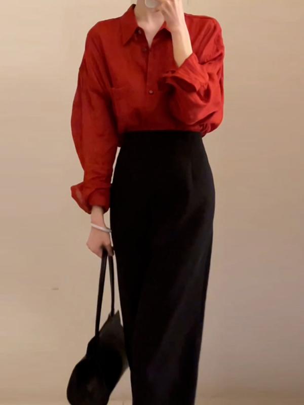 レディース ファッション おしゃれ 春 夏 秋 冬 大人 上品 高級 マダム ミス ミセス プレゼント 婦人 母 レッド シャツ ドレス ホット ヒップ ロング スカート セットウェア