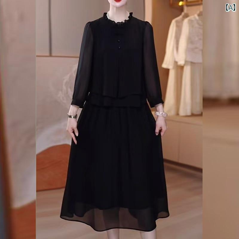Rakuten - レディース ファッション 春夏 秋冬 かわいい オシャレ お母さん　大きめ　サイズ　シフォン　ドレス　大きめ　サイズ　ゆったり　お腹　カバー　ドレス