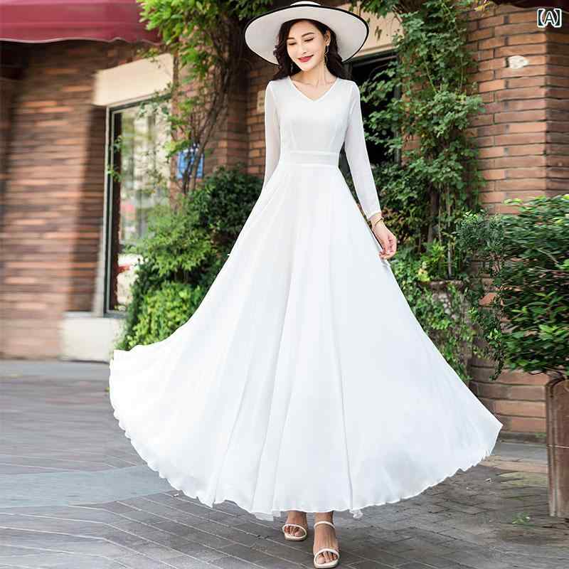 レディース ファッション 春夏 秋冬 かわいい オシャレ 長袖　フル　スカート　シフォン　ドレス休暇　ビーチ　膝上　丈　スタイル適