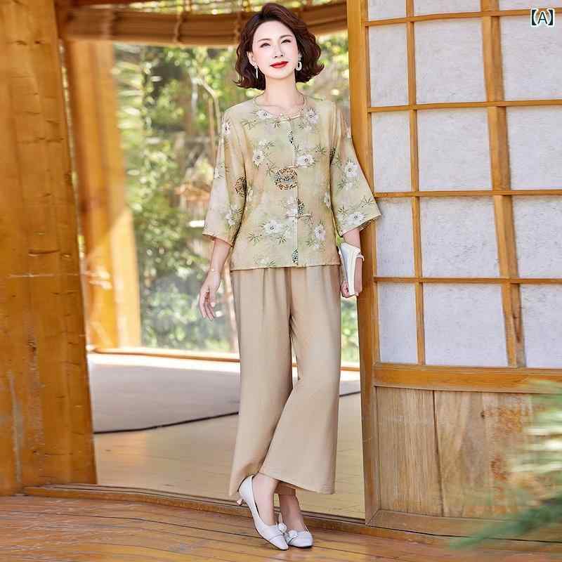 レディース ファッション 春夏 秋冬 かわいい オシャレ ママ　　半袖　花柄　シャツ　カジュアル　パンツ　綿　麻　セット　　スタイル
