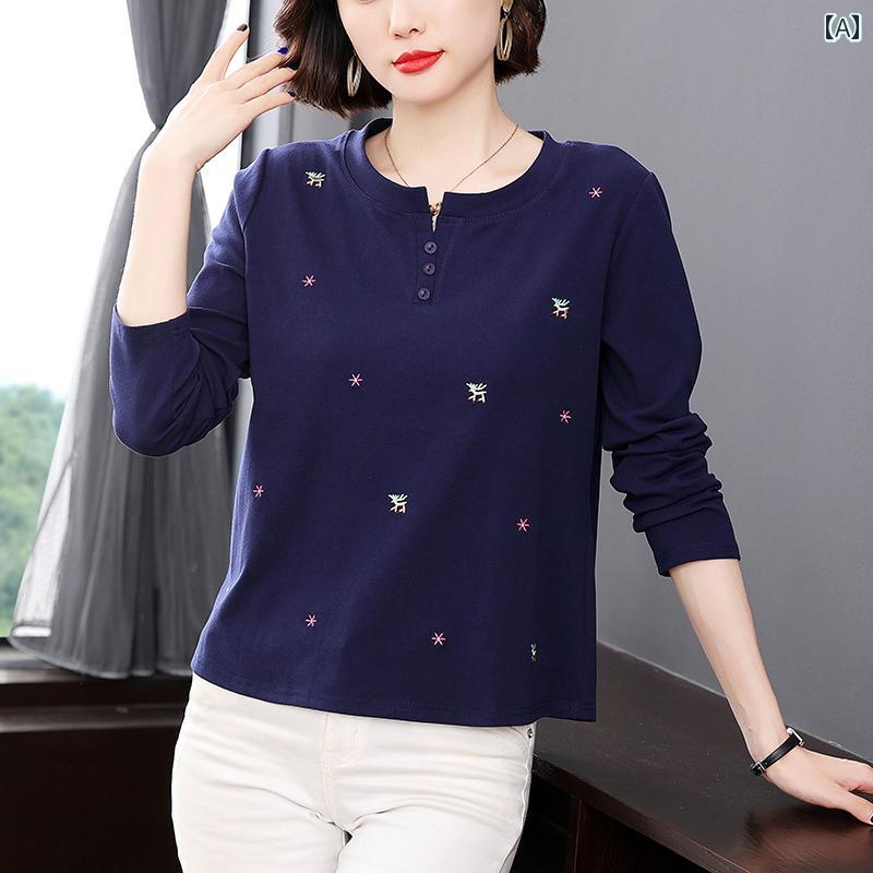 Rakuten - レディース ファッション 春夏 秋冬 かわいい オシャレ レディース　長袖　T　シャツ　ゆったり　フィット　スリミング　トップス　お母さん　ぴったり　スタイリッシュ　若々しい