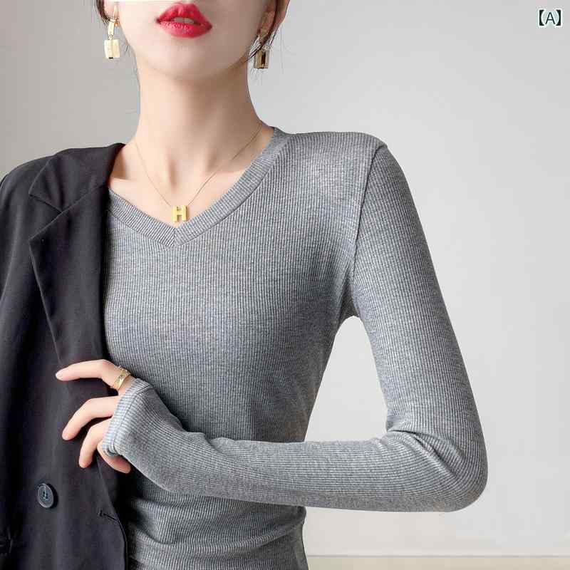 Rakuten - レディース ファッション 春夏 秋冬 かわいい オシャレ レディースグレー　長袖　Vネック　T　シャツ　スリムフィット　リブ　編み　フリース　裏地　ベース　レイヤー　黒　トップス　重ね着スタイル