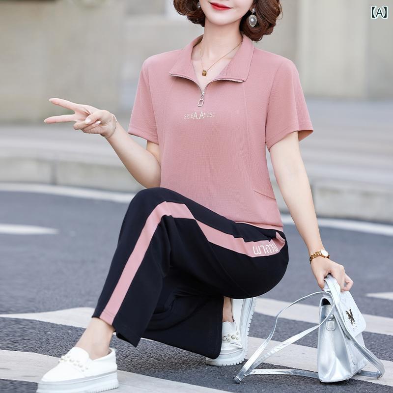 レディース ファッション 春夏 秋冬 かわいい オシャレ 韓国 お母さん　　半袖　スポーツウェア　セット　　スタイル　カジュアル　ロング　パンツ　ツーピース　セット