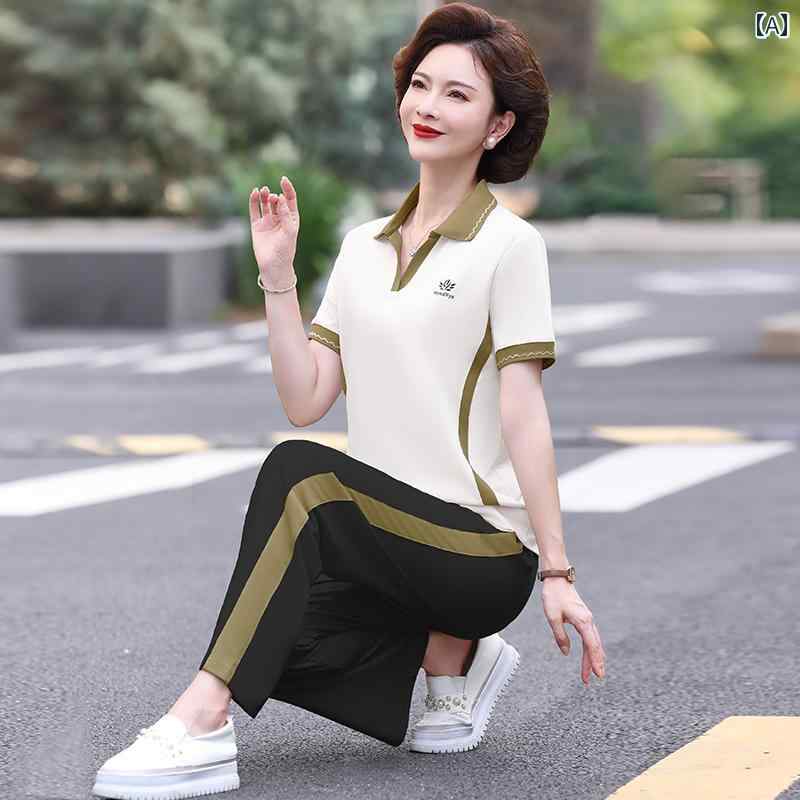 T-Shirts - レディース ファッション 春夏 秋冬 かわいい オシャレ 韓国 レディーススポーツ　スーツ　ママカジュアル　半袖　Vネック　T　シャツ