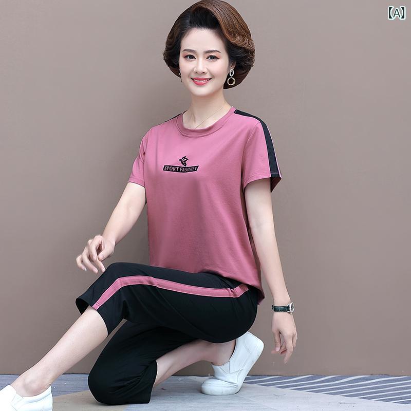 Rakuten - レディース ファッション 春夏 秋冬 かわいい オシャレ 韓国 　ママ　コーデ　綿　半袖　ゆったり　カジュアル　スポーツウェア　ツーピース　セット
