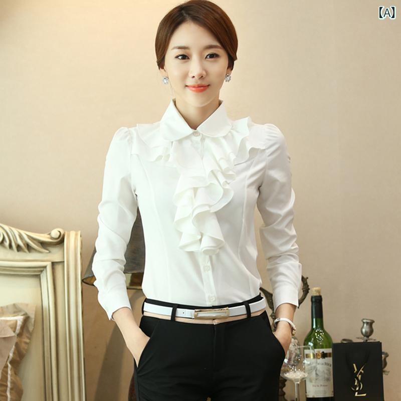 乐天商城 - レディース ファッション 春夏 秋冬 かわいい オシャレ 蓮葉　レース　白　シャツ　　長袖　プロ　仕事　スリム　シフォンシャツ　レイヤリング　シャツ　