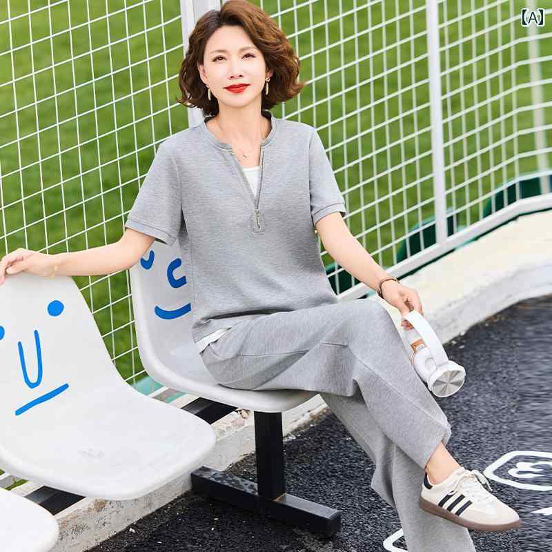 乐天商城 - レディース ファッション 春夏 秋冬 かわいい オシャレ 韓国 お母さん　　若々しい　スポーツウェア　セット　カジュアル　半袖　トップス　ズボン　ツーピース　セット