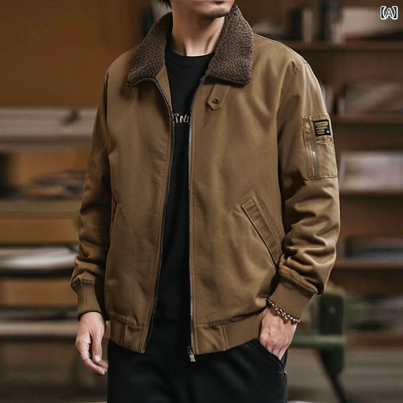Rakuten - メンズ ファッション 春夏 秋冬 かっこいい オシャレ モテ 男性用 紳士服 服 韓国 シンプル 大人 フリース　裏地　　ボンバー　ジャケット　ゆったり　フィット　大きめ　サイズ　中綿入り　コート　厚手フリースコート