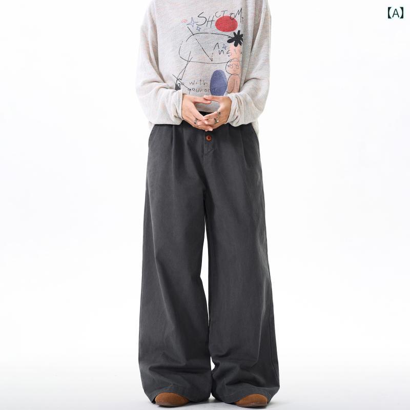 Pants - メンズ ファッション 春夏 秋冬 かっこいい オシャレ モテ 男性用 紳士服 服 韓国 シンプル 大人 アメリカ　ストリートウェア　ダメージ　加工　カーゴパンツ　ユニセックス　ゆったり　フィット　ドレープ　ビンテージ　ストレート　レッグ　トラウザー　ズ