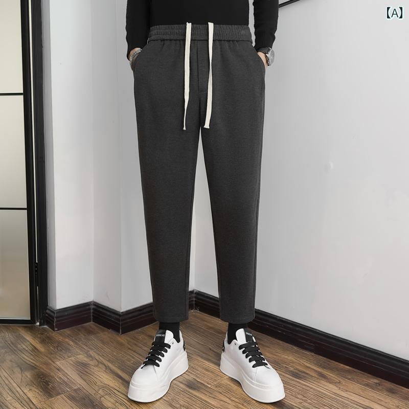 メンズ ファッション 春夏 秋冬 かっこいい オシャレ モテ 男性用 紳士服 服 韓国 シンプル 大人 ウール　パンツ　厚手　ゆったり　テーパード　クロップド　九分丈　丈　ドレープ　ドローストリングドレス　パンツ