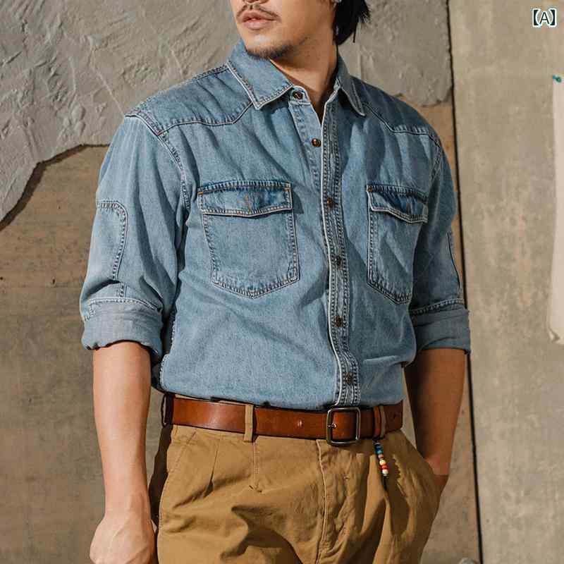 メンズ ファッション 春夏 秋冬 かっこいい オシャレ モテ 男性用 紳士服 服 韓国 シンプル 大人 アメリカン レトロ ウエスタン デニムシャツ アミ カーキ 長袖 ワークウェア ウォッシュド シャツ タフ