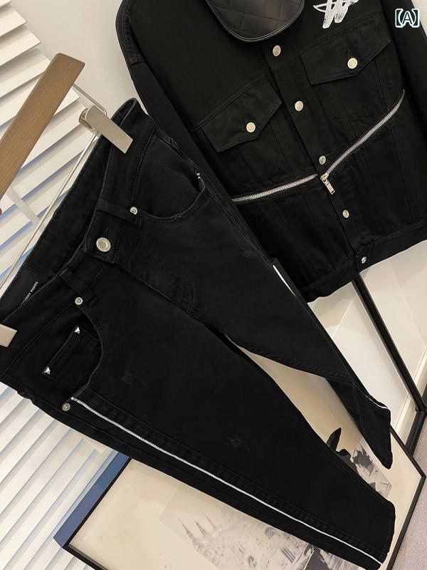 Pants - メンズ ファッション 春夏 秋冬 かっこいい オシャレ モテ 男性用 紳士服 服 韓国 シンプル 大人 アイテムシック パッチワーク スリムフィット メンズ ブラック クロップド ジーンズ