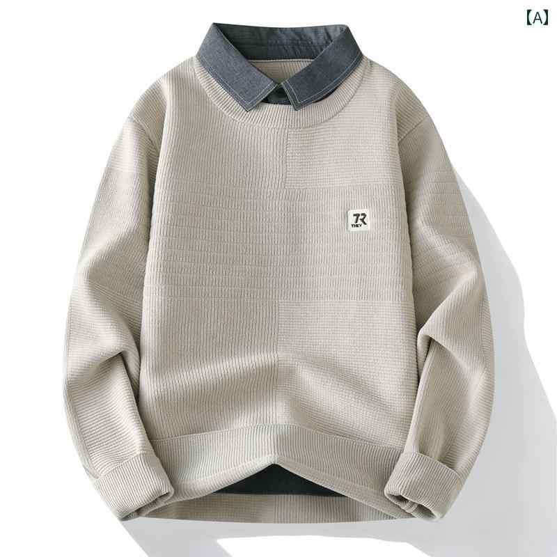 メンズ ファッション 春夏 秋冬 かっこいい オシャレ モテ 男性用 紳士服 服 韓国 シンプル 大人 メンズ 厚手 フェイク ツーピース ニットウェア インナー レイヤー 暖かい ベース シャツ セーター