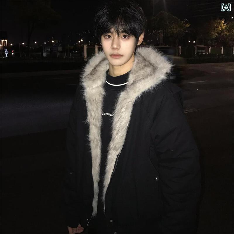 メンズ ファッション 春夏 秋冬 かっこいい オシャレ モテ 男性用 紳士服 服 韓国 シンプル 大人 ファーカラー フード ジャケット コットン ジャケット メンズ 厚手 暖かい アメリカン ショート 丈 コットン コート