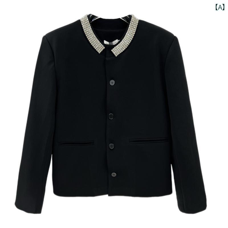 Rakuten - メンズ ファッション 春夏 秋冬 かっこいい オシャレ モテ 男性用 紳士服 服 韓国 シンプル 大人 ミニマルクルー ネック ラインストーン あしらった メンズショート ジャケット ぴったり 高級ショルダー スタイリッシュカジュアル アウター