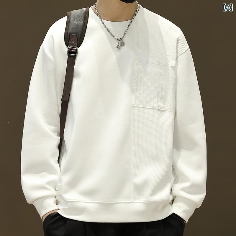 Rakuten - メンズ ファッション 春夏 秋冬 かっこいい オシャレ モテ 男性用 紳士服 服 韓国 シンプル 大人 フロント ポケットクルー ネック メンズ スウェットシャツ 型 メンズ 長袖 T シャツ ベース レイヤー