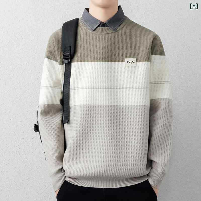 メンズ ファッション 春夏 秋冬 かっこいい オシャレ モテ 男性用 紳士服 服 韓国 シンプル 大人 メンズフェイク ツーピース セーター 高級 セーター メンズシャツ カラー ベルベット 厚手ニット セーター